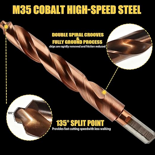 21-Piece M35 Cobalt Drill Bits for Hardened Metal, 3-Flute Shank Design Reduces Breakage, 135° Point for Fast Starts in Stainless Steel, Cast Iron, Wood & Plastic (1/16 to 1/2 inch)