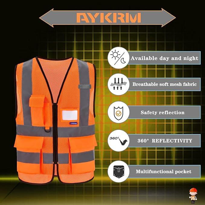 A-SAFETY High Visibility Mesh Safety Reflective Vest with Pockets and Zipper,Hi Vis Viz Reflective Safety Vest(Orange Mesh 6XL-8XL)