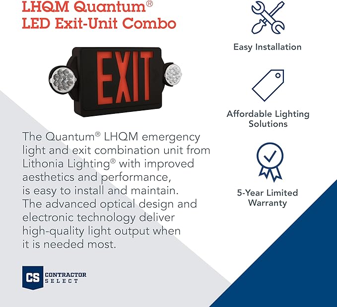 Lithonia Lighting LHQM Quantum LED Exit Sign/Emergency Light Combo, Exit Sign and Emergency Lights for Business, 2-Head Fixture, Red Letters, 180 Lumens, MVolt, 4 Watts, Black