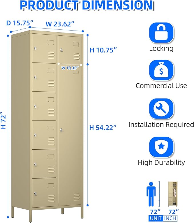 8 Doors Metal Lockers for Employees, 72" H Steel Lockable Storage Lockers with 3 Hooks and 8 Card Holder for Office, Home, Gym, School, Employees, Camel