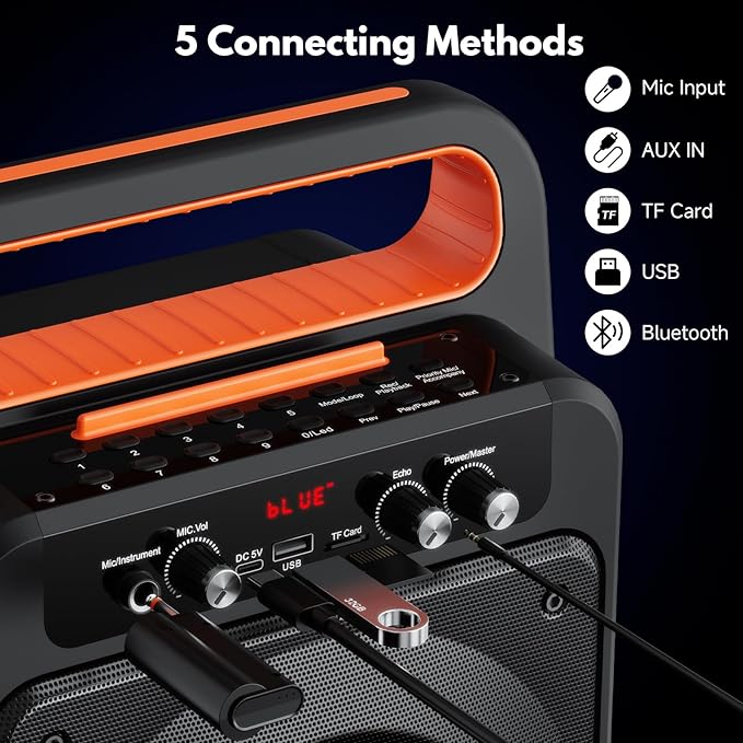 JYX Karaoke Machine with 2 Wireless Microphones, Portable Bluetooth Karaoke Speaker for Adults, PA System Speaker with LED Lights Support REC/USB/AUX/TF for Outdoors Home Party (MS79)