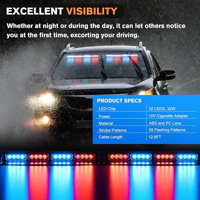 Nilight 32LED Red Blue Emergency Dash Strobe Lights with Controller Suction Cups Warning Hazard Interior Front/Rear Windshield Deck Split Light Bar for Trucks Construction Vehicles