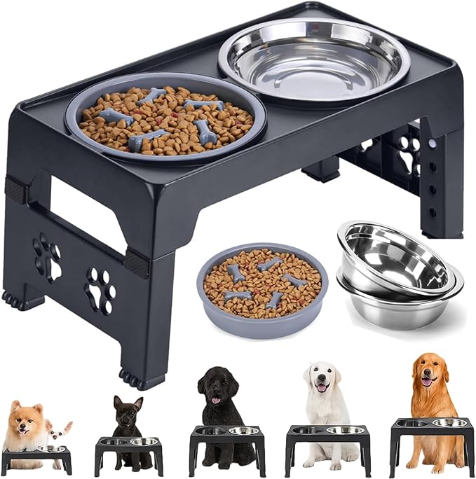 Elevated Dog Bowls - Raised Stand with 2 Stainless Steel and 1 Slow Feeder Bowl, Adjustable 5 Heights for Medium Large Dogs, Non-Slip, Black