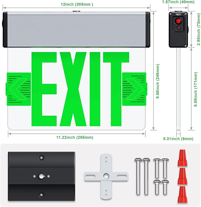 Green Led Edge Lit Exit Sign UL Listed, Brushed Aluminum Housing Double-Sides Mirrored Acrylic Emergency Exit Signs with Battery Backup, AC 120-347V Hardwired Exit Lights, Top/Side/Wall Mount (1 Pack)
