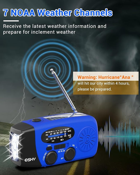 Esky Emergency Hand Crank Radio with 3 LED Flashlight, AM/FM/NOAA Portable Weather Radio with 2000mAh Power Bank Phone Charger, Solar Powered USB Rechargeable Radio for Indoor Outdoor Camping, Blue