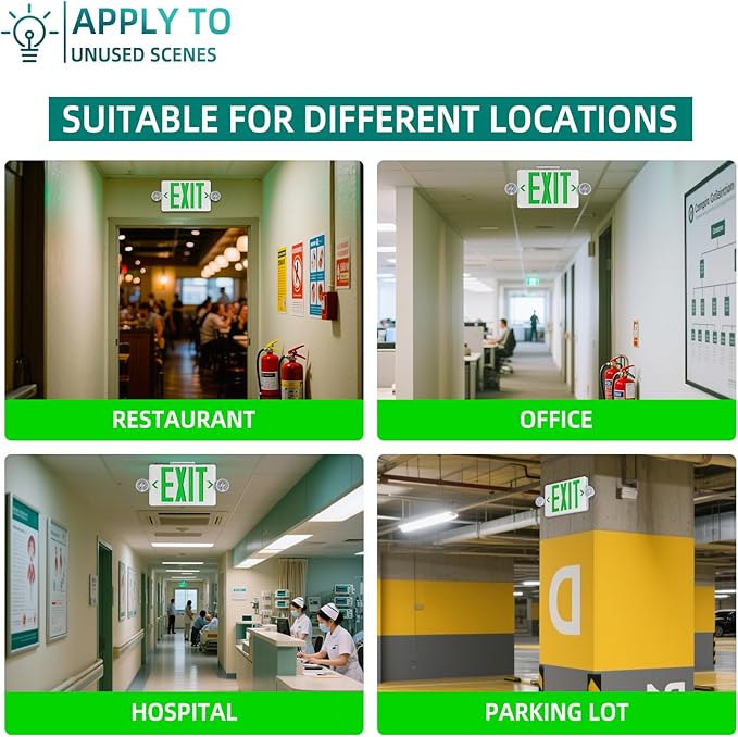 Exit Sign with Emergency Light, Ultra Slim,Green LED Exit Light, Exit Signs With Battery Backup, 2 Adjustable Emergency Lighting, Hardwired 120V/277VAC, UL-Listed, 4 Pack