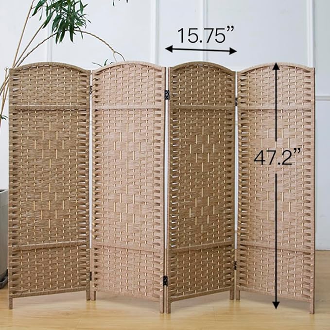 4 Panel Rattan Divider Short Room Partition Screen,Double Sided Folding Divider for Room Separation,Light Brown,47.2" H x 63" W