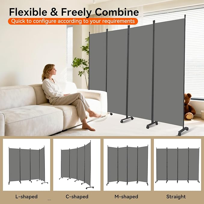 Room Divider 88''W Wall Divider for Room Partition (Heavy Duty Base) 4 Panel Partition Room Dividers, Freestanding Room Divider Screen Separation W/Wheels Folding Privacy Screen Panel Space Separator
