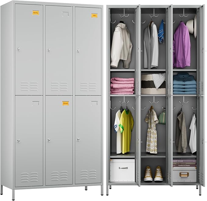 Metal Lockers for Employees with 6 Doors and 18 Hooks, 72”H Storage Locker with Card Slot for Office Gym School Bedroom, Light Gray, Assembly Required