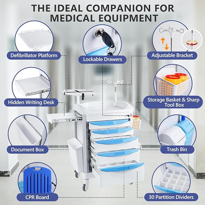 Kalolary Adjustable Rolling Medical Storage Crash Cart with 5 Drawers & 4 Silent Wheels, Mobile Medical Cartwith 2 Trash Cans for Clinic, Hospital, Salon