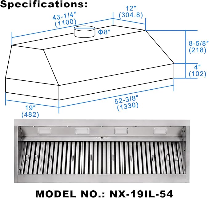Akicon Range Hood Insert 54 Inch, 1200 CFM Built-in Kitchen Hood with 4 Speeds, Ultra-Quiet Stainless Steel Ducted Vent Hood Insert with Dimmable LED Lights and Dishwasher Safe Filters (Warm White)