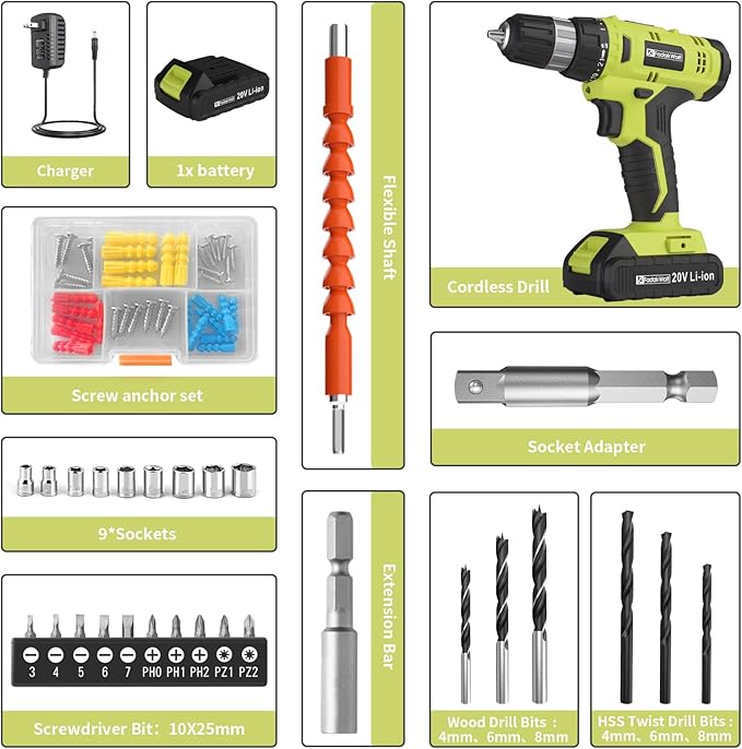 FADAKWALT Cordless Drill Set, 20V Electric Power Drill with Battery And Charger, Torque 30N, 21+1 Torque Setting, 3/8-Inch Keyless Chuck, Drill Driver Bits Kit, with LED