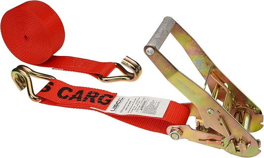 US Cargo Control 2 Inch Wide x 27 Foot Long Ratchet Strap with Wire Hooks, Red Tiedown Strap with Double J Hooks, Secure Cargo with Ease