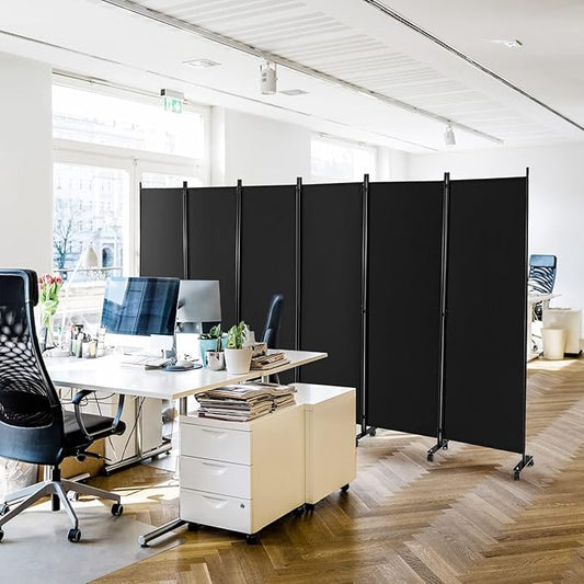 Giantex 6 Panel Room Divider, 132''W x 68''H Large Folding Privacy Screen, Rolling Partition Room Dividers for Home Office Studio Separation, Freestanding Fabric Wall Divider Screen on Wheels, Black