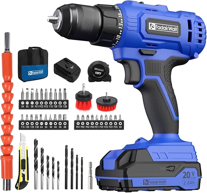 FADAKWALT 20V Cordless Drill/Driver Set,Electric Power Drill Kit with Battery& Charger, 1/2inch Keyless Chuck,2 Variable Speed,25+1 Torque Setting, 400 inch-lbs with LED Power Drill Kit