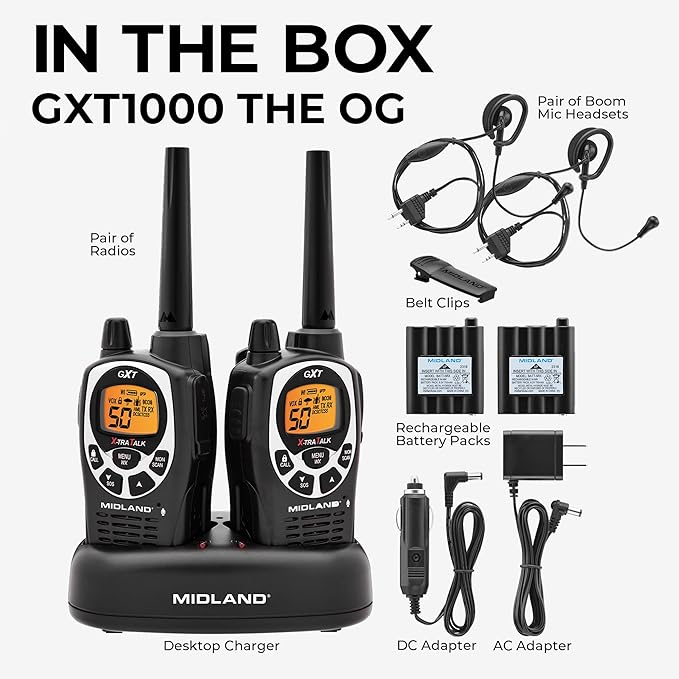Midland GXT1000VP4 GMRS Two-Way Radio (50-Channel, Long Range, 142 Privacy Codes, SOS, NOAA, Rechargeable Nickle Battery, Black/Silver, 2-Pack)