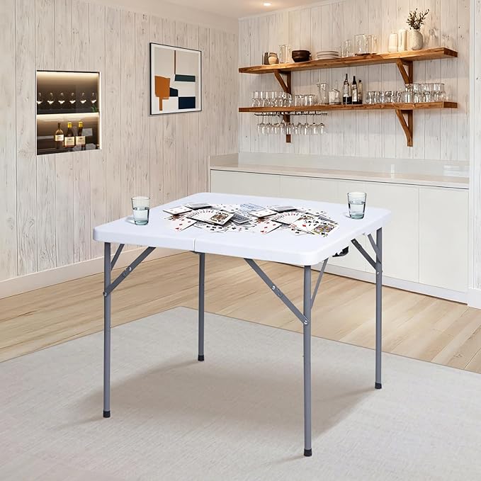 34" Square Folding Table, Portable Folding Card Table with Collapsible Legs & Carrying Handle, Plastic Tables for Camping,Picnic, Office, Party, White