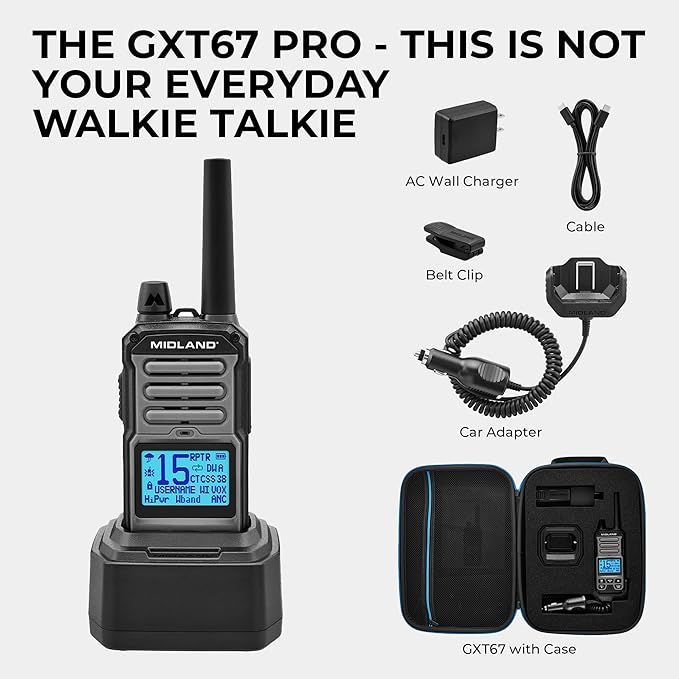 Midland GXT67 PRO 5W GMRS Radio - Two-Way Midland Walkie Talkie - Repeater Capable, IP67 Waterproof, Active Noise Canceling, Hands-Free Operation, 99 Channels, 16-Hour Battery -1 Pack