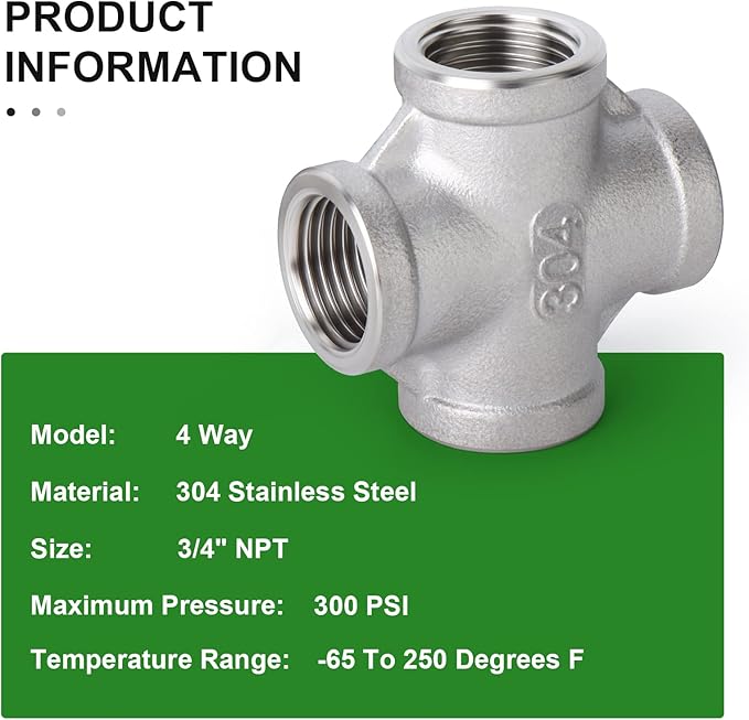 TAISHER 2PCS Stainless Steel 4 Way Pipe Fittings, 3/4" x 3/4" x 3/4" x 3/4" NPT Female Pipe Fittings