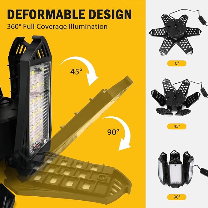 LIVOWALNY LED Work Light Compatible with Dewalt 20V Battery, 68W 6800LM LED Garage Flood Lights with 6+1 Deformable Panels, Battery Powered Pendant Ceiling Light for Shed Workshop Garage Home