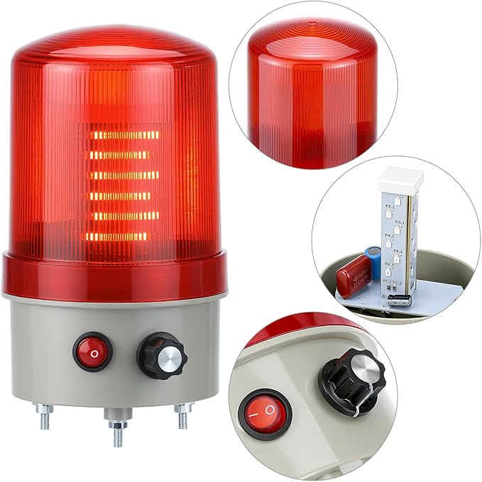 QWORK Industrial LED Rotating Warning Light, 110V AC Red Beacon Strobe for Public Emergency Alarms, Safety Siren Adjustable Volume