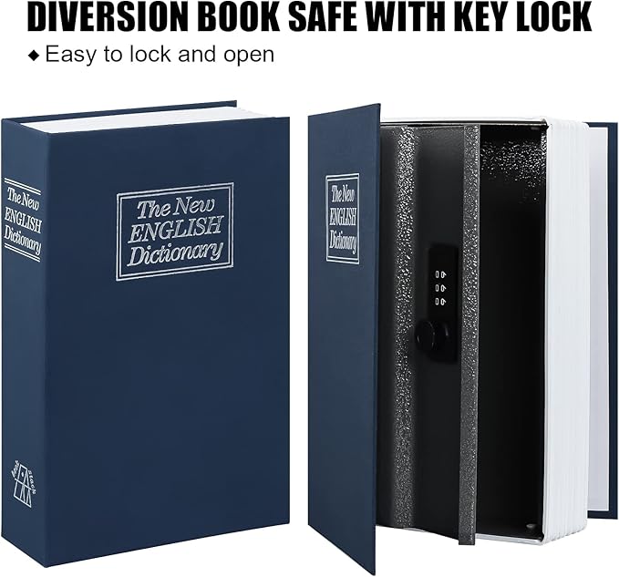 KYODOLED Diversion Book Safe with Combination Lock, Safe Secret Hidden Metal Lock Box,Money Hiding Box,Collection Box,9.5" x 6.2" x 2 .2" Navy Large