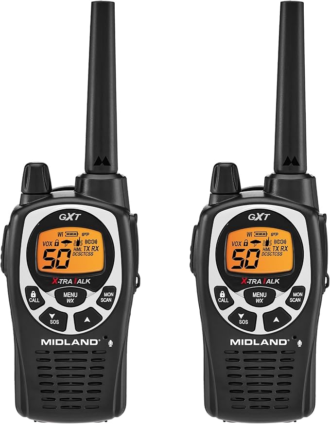 Midland GXT1000VP4 GMRS Two-Way Radio (50-Channel, Long Range, 142 Privacy Codes, SOS, NOAA, Rechargeable Nickle Battery, Black/Silver, 2-Pack)