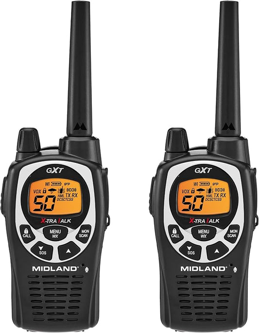 Midland GXT1000VP4 GMRS Two-Way Radio (50-Channel, Long Range, 142 Privacy Codes, SOS, NOAA, Rechargeable Nickle Battery, Black/Silver, 2-Pack)
