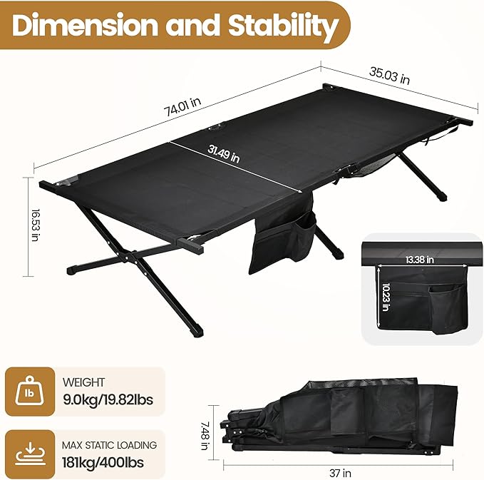 Portable Camping Cot for Adults, 300lbs Heavy Duty Folding Bed with 60s Quick Setup, Compact & Lightweight for Outdoor, Guest, Office Nap, Hospital Stay(Black)