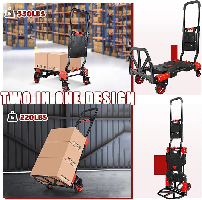 Folding Hand Truck, 2 in 1 Portable Heavy Duty Carrying Moving Dolly Cart with 4 Foldable Wheels and Retractable Handle Duty 330lbs (Red)