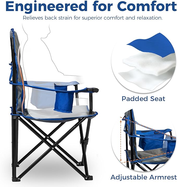 Oversized Padded Camping Chair, Heavy-Duty Steel Frame for 450 lbs Supports, Convenient 6-Can Cooler, Portable Carry Bag, Perfect for Outdoor, Beach, and Hiking (Gray & Sapphire Blue)