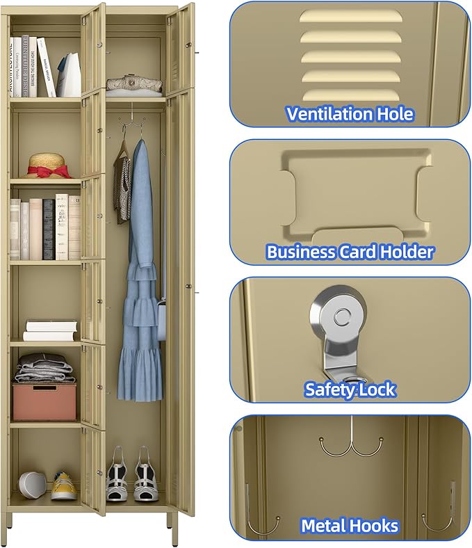 8 Doors Metal Lockers for Employees, 72" H Steel Lockable Storage Lockers with 3 Hooks and 8 Card Holder for Office, Home, Gym, School, Employees, Camel