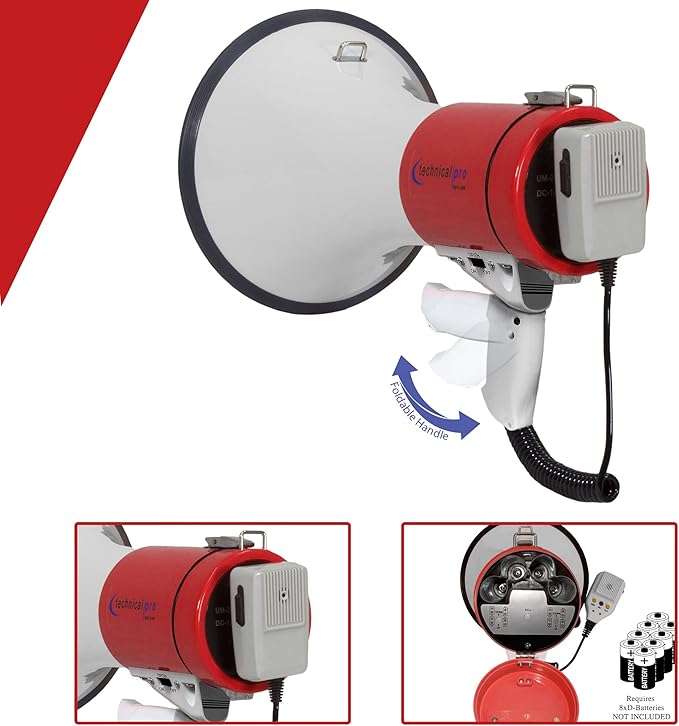 Technical Pro Portable 75-Watts 800M-1000M Range Megaphone Bullhorn Speaker w/Strap, Siren, & Volume Control, Good for Trainers, Camping, Coaches, Cheer Leaders (Red) Pack of 2