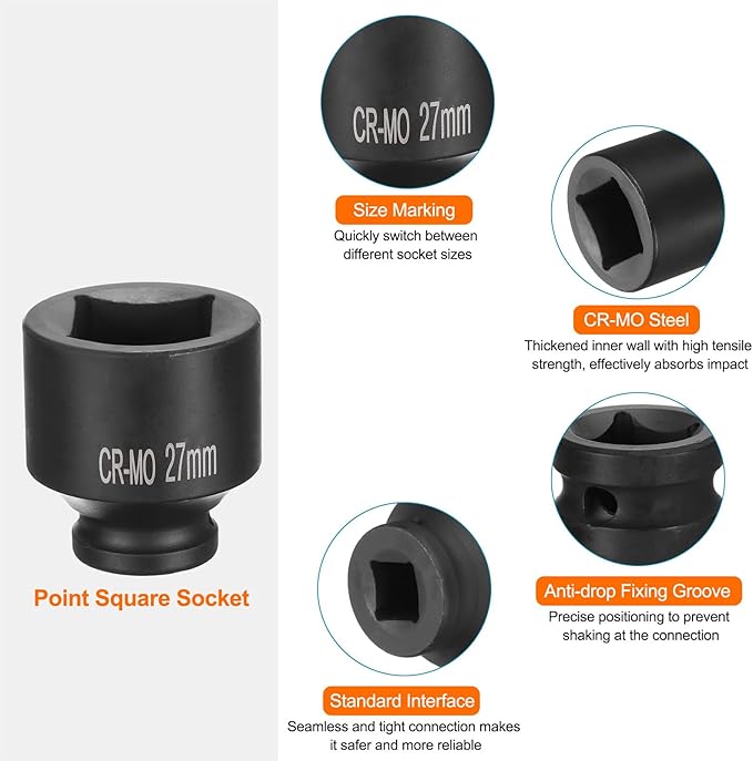 HARFINGTON 4 Point Square Socket 1/2" Drive 27mm Metric Square Impact Socket CR-MO Blackening Standard Wheel Sockets Pneumatic Socket Tool for Auto Repair Mechanical Maintenance Home Use