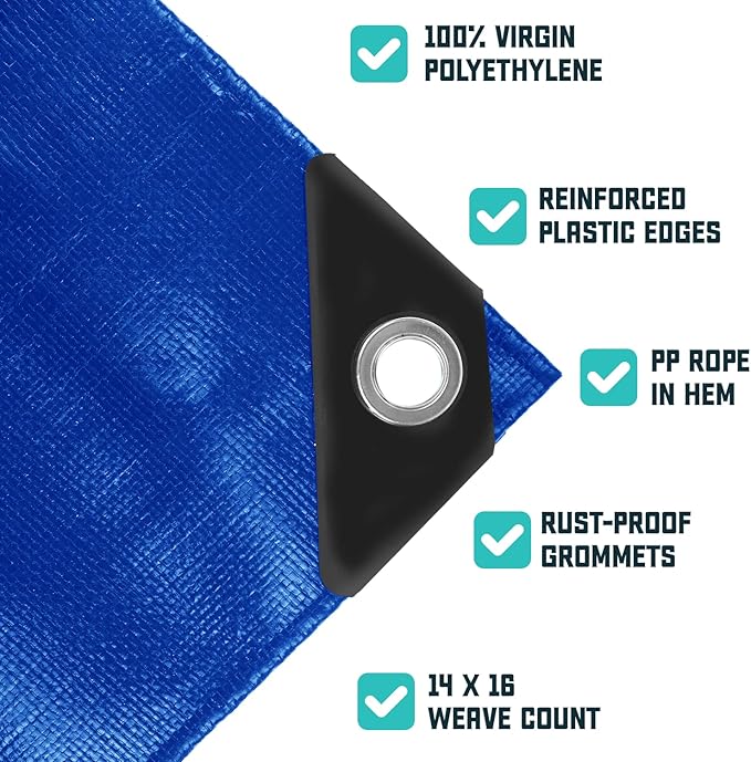 Core Tarps Extra Heavy Duty 16 Mil Tarp Cover, Waterproof, UV Resistant, Rip and Tear Proof, Poly Tarpaulin with Reinforced Edges for Roof, Camping, Patio, Pool, Boat (Blue 12′ X 12′)