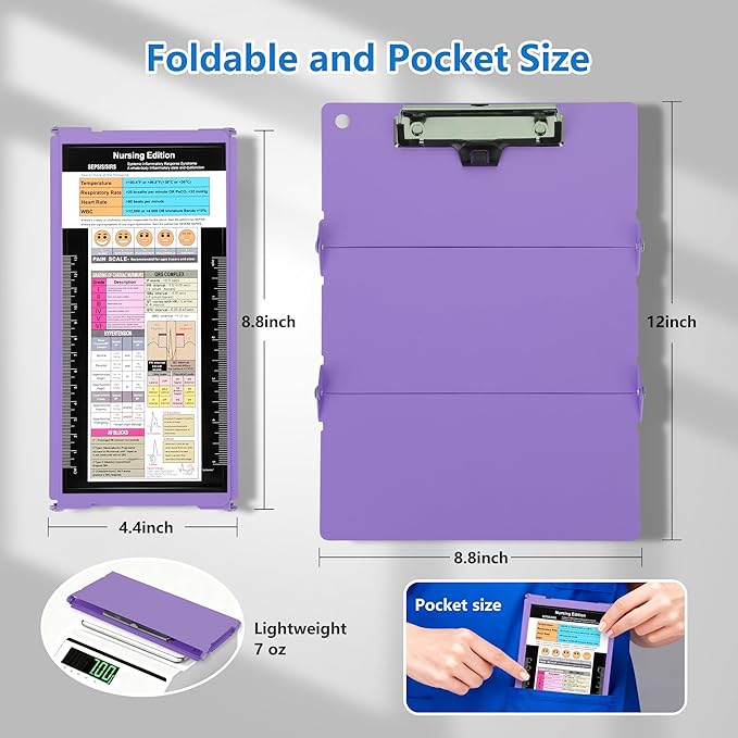 Nursing Foldable Medical Clipboard, Edition Cheat Sheets Lithium 3 Layers Foldable Clipboards Nursing Pocket Size Profile Clip Nurse Clipboards Notepad for Nurses Students and Doctors, Purple