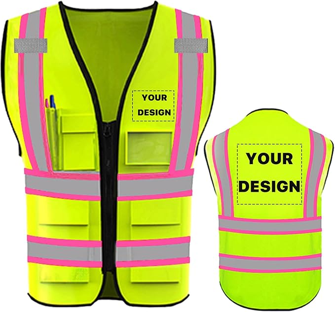 YOWESHOP High Reflective Visibility Safety Vest Custom Your Logo Safety Workwear with Reflective Strips and Front Zipper