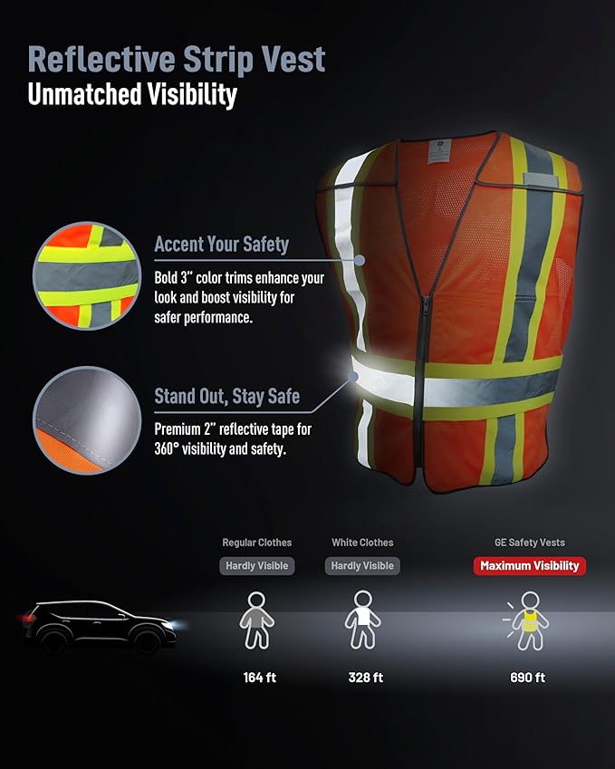 GE Multi-Functional Safety Vest Expandable 5-Point Breakaway High Visibility with Zipper Pockets, Class 2