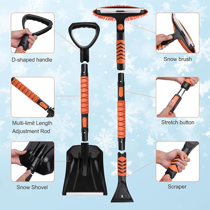 Car Snow Brush Snow Shovel Kit, 42'' Extendable Ice Scrapers and Snow Brushes for Car Windshield with Foam Grip 180° Pivoting Brush Head Snow Scraper, 39'' Extendable Emergency Snow Shovel for Car