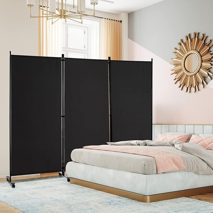 Giantex 3 Panel Room Divider with Wheels, 103''W x 71''H Folding Privacy Screen, Rolling Partition Room Dividers for Home Office Studio, Freestanding Fabric Wall Divider for Room Separation, Black
