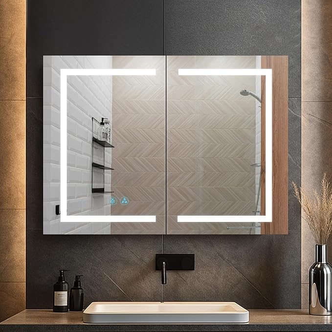 Blossom 40x26 LED Lighted Bathroom Medicine Mirror Cabinet, Recessed/Surface Mount with Anti-Fog, Dimmable, 3 Color Light, Lighted Medicine Cabinet Mirror for Storage & Makeup, Wall Mounted