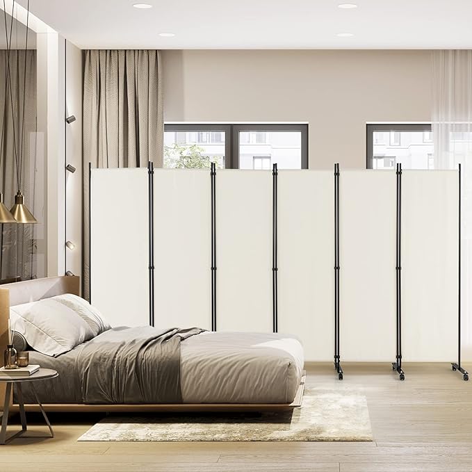 Giantex 6 Panel Room Divider, 132''W x 68''H Large Folding Privacy Screen, Rolling Partition Room Dividers for Home Office Studio Separation, Freestanding Fabric Wall Divider Screen on Wheels, Beige