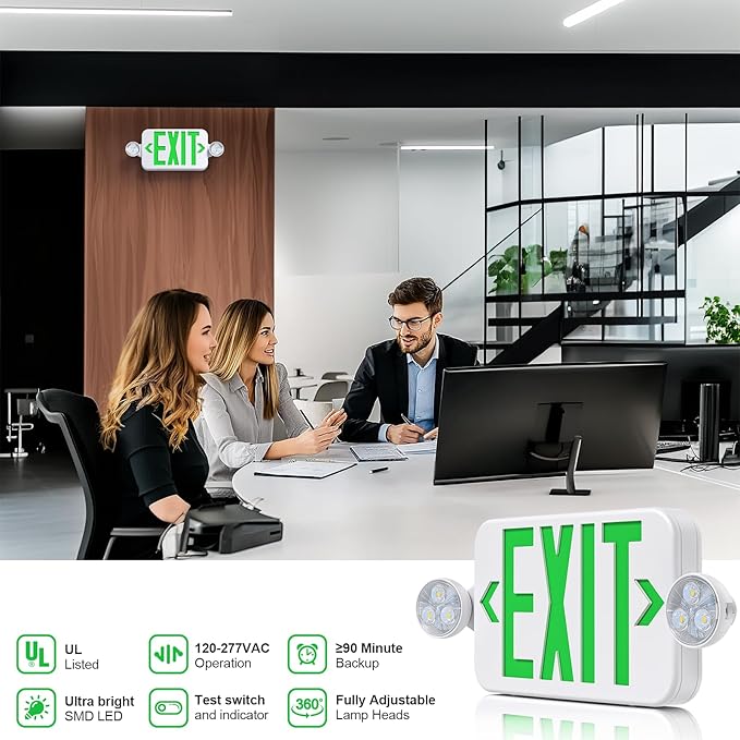 Led Exit Sign Emergency Light Combo Adjustable Two Head,Double Sided and Battery Backup Exit Light,Green Letter Hardwired Emergency Exit Sign,AC 120/277V,UL Listed,Ceiling&Wall Mount (1 Pack)