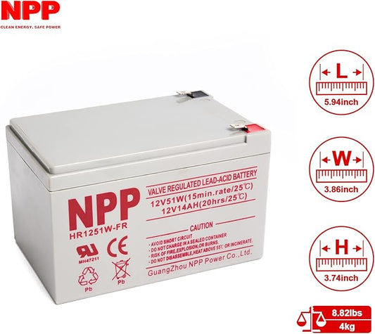 NPP HR1251W (F2, 2Pcs) 612Watts 12V 51Watt/Cell AGM Sealed Lead Acid High Rate Battery, 12V 14Ah 15Ah Flame Retardant UPS Battery for Fish Finder, Scooter, Security System and Solar