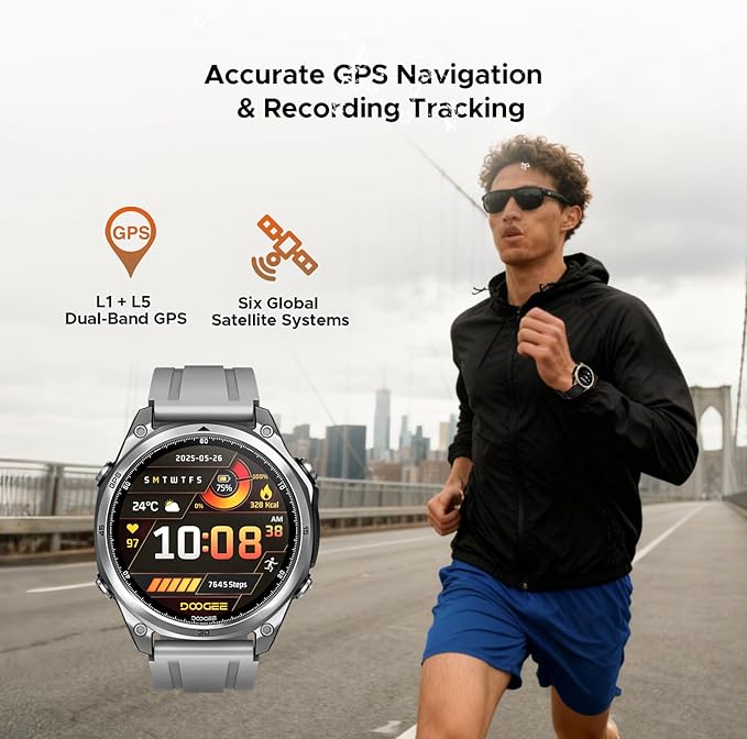 DOOGEE Anywise W1 Smart Watch 5ATM Waterproof Dual-Band GPS Fitness Tracker, 1.43'' AMOLED Screen Men Watches for Android and iPhone, 170+ Sports Modes, Bluetooth Call/18 Days Battery/2 Straps