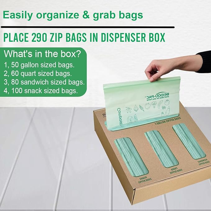 Compostable Combo Storage Zip Bags, 290 Count Resealable Variety Pack with Organizer, Reclosable Biodegradable Eco-Friendly Compost Snack, Sandwich, Quart, Gallon Assorted Size Bags