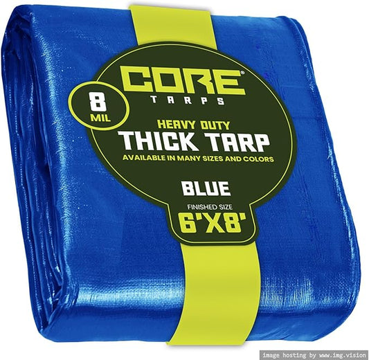 Core Tarps Heavy Duty 8 Mil Tarp Cover, Waterproof, UV Resistant, Rip and Tear Proof, Poly Tarpaulin with Reinforced Edges for Roof, Camping, Patio, Pool, Boat. (Blue 6′ X 8′)