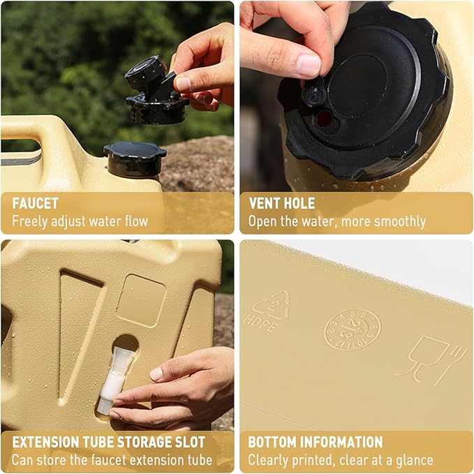 3.2 Gallon Water Jug,Camping Water Container with Spigot,BPA-Free with Cleaning,Brush Military Green Tank Portable,Suitable for Outdoor Camping and Hiking,Khaki
