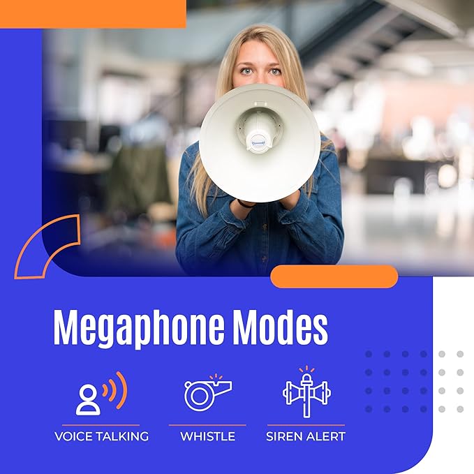ThunderPower THUN450 Extra-Loud Megaphone Speaker – 35W Voice Amplifier for 1,400-Yard Range – Bullhorn Megaphone with Voice, Siren & Whistle Mode – Bull Horn Loud Speaker with Mic & Shoulder Strap