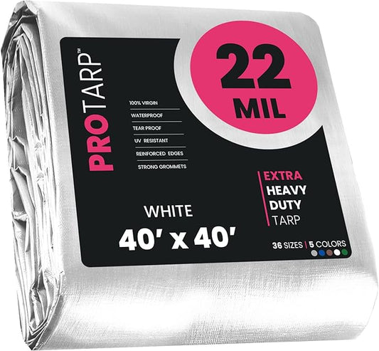 PROTARP Extreme Heavy Duty 22 Mil Tarp Cover, Waterproof, UV Resistant, Rip and Tear Proof, Poly Tarpaulin with Reinforced Edges for Roof, Camping, Patio, Pool, Boat. (White 40′ X 40′)